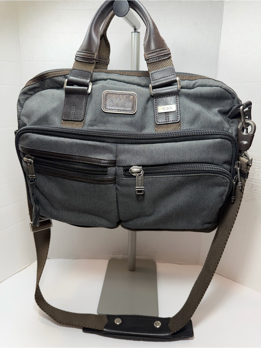 Tumi Gray Canvas Convertible Briefcase with Brown Leather Trim $495